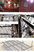 A multi-panel set showing theatre ceiling views, damaged structural elements with residue, and a schematic of a suspended grid system.