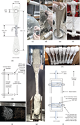 A multi-panel set showing specimen geometry, preparation steps, moulding setup, finished samples, and a tensile test configuration.