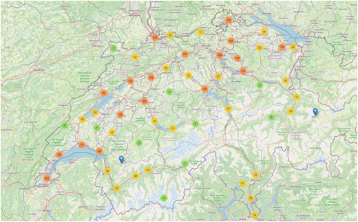 A map of Switzerland with color-coded circular markers shows numbers clustered around major cities and regions.