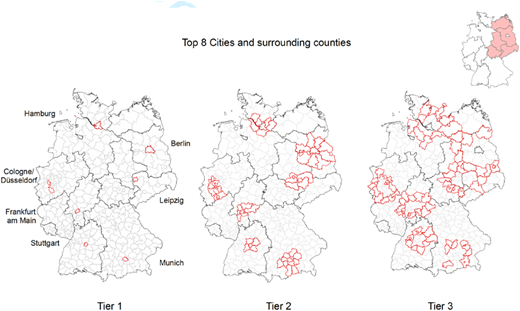 A map of Germany divided into three tiers showing top cities and surrounding counties.