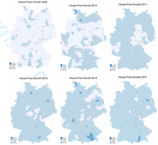 A map showing house price growth in German counties from 2009 to 2014.