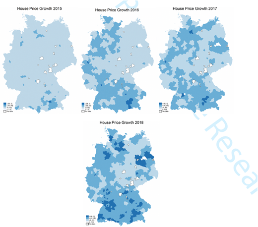 A map showing house price growth in German counties from 2009 to 2014.