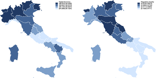 Two side-by-side choropleth maps of Italy show regional variation in two indicators.