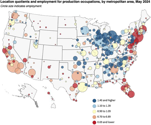 A map of the United States showing employment concentration and location quotients in metropolitan areas.