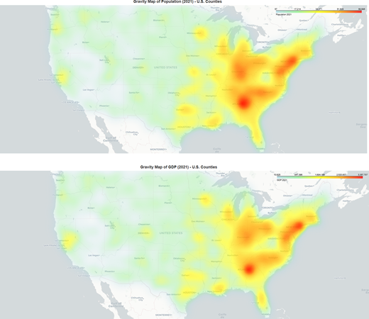 Two heat maps of the United States showing population and GDP in 2021.