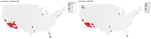 Two maps of the United States showing population and GDP clusters by county in 2021.