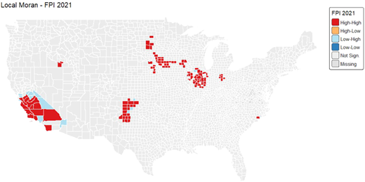 A map of the United States showing FPI clusters in 2021.