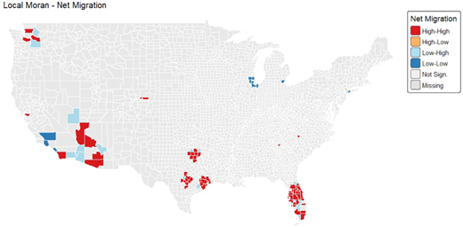 A map of the United States showing net migration clusters.