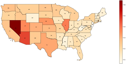 A heat map of the United States showing entropy contributions for population in 2021.
