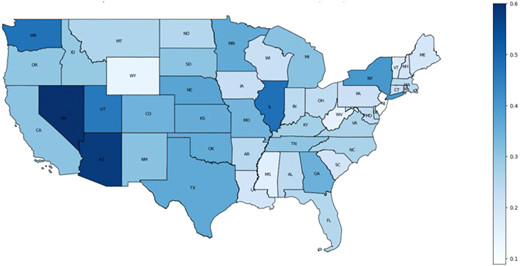 A map of the United States showing GDP entropy contributions by state in 2021.