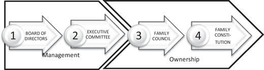 A horizontal process diagram with four numbered arrows labeled “BOARD OF DIRECTORS” to “FAMILY CONSTITUTION”.
