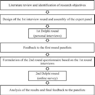 A vertical flowchart illustrating a seven-step research process. It starts with a Literature review, moves through two stages of expert consultation personal interviews and an online survey, and concludes with the Analysis of results and final feedback.