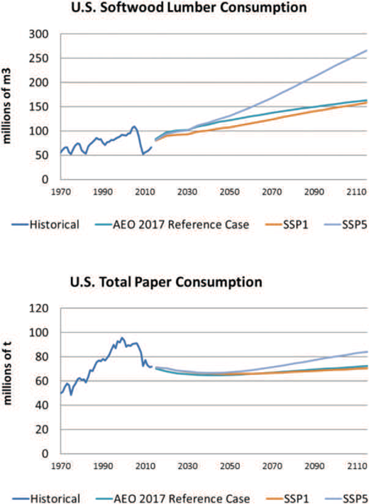 Bar chart showing historical and projected consumption of softwood and paper.