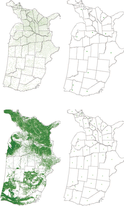 Four-panel diagram illustrating spatial aggregation of transportation distances and hauling costs: plot-level (upper left), county-level (upper right), state-level (lower left), and regional-level (lower right), based on 150–350 plots and over 3000 demand points with assumed 2018 diesel prices.