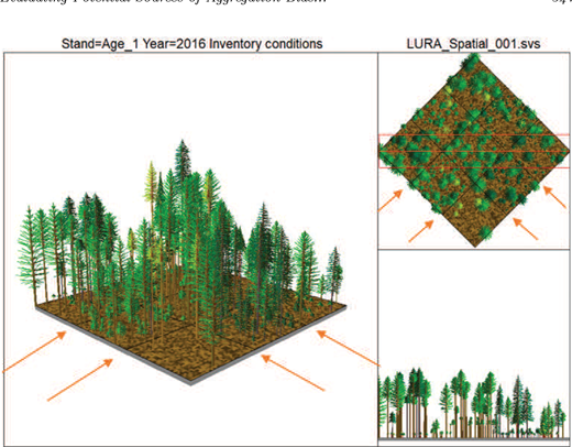 Map showing average inventory conditions of Douglas-fir in the Interior West for nine representative plots (black outlines, indicated by arrows) with trees aged 60–69 years, illustrating heterogeneity due to regeneration, disturbance, and management.