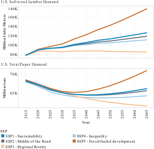 Two line graphs shows. The top graph displays U.S. Softwood Lumber Demand, and the bottom graph shows U.S. Total Paper Demand from 2015 to 2065, across five different SSPs.