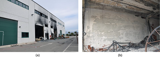 Exterior and interior views of a damaged building show fire effects and debris inside.