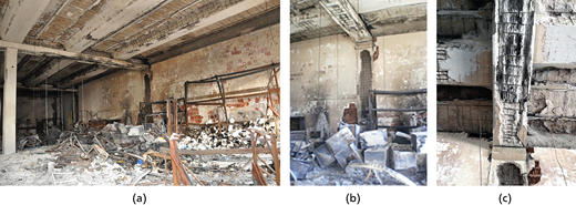 Three images showing damaged interiors with debris, structural elements, and walls in varying states of decay.