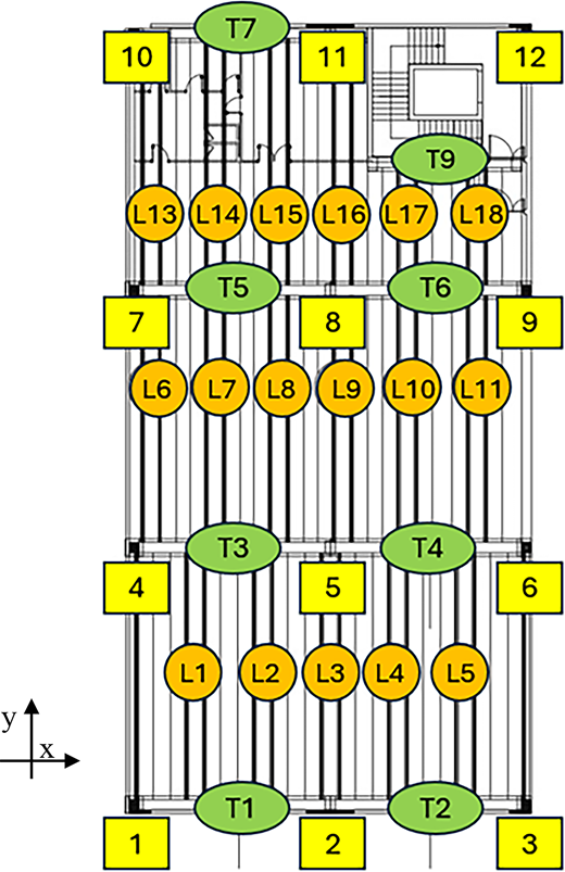 Architectural floor plan showing multiple sections labeled with letters and numbers for identification.