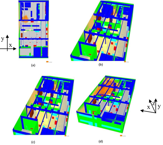 A series of four 3 D models showing different perspectives of a building layout with directional axes indicated.
