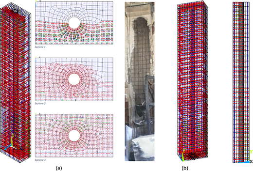 Diagrams and a photograph of structural designs show various sections of a tall, grid-like structure, identifying different sections and reinforcing details.