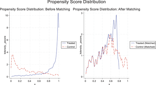 A two-panel graph compares treated and control propensity score density before and after matching.
