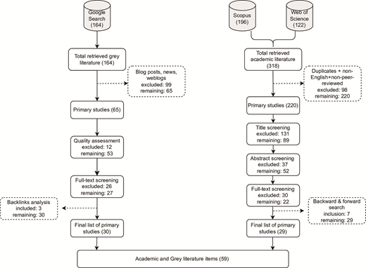 A flowchart detailing the literature search process, illustrating filters applied at each stage for Google Search, Scopus, and Web of Science, showing study exclusions and remaining items.