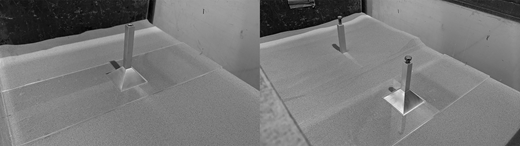 A two-part image shows a sand model setup with a metal structure standing on sand.