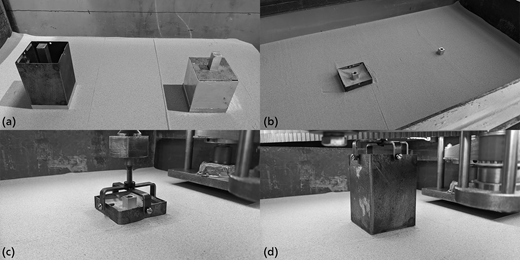 Four images showing different views of components placed on a flat surface, likely for a manufacturing or experimental process involving molds and a granular material.