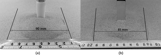 Two measurements of indentations in sand, one with a cylindrical object showing ninety millimeters and another with a rectangular block showing eighty-one millimeters.