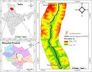 Three maps show India, Himachal Pradesh, and the National Highway 03 study route with four cut-slope sections.