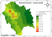 Map of Himachal Pradesh showing annual rainfall distribution, with rivers, a highway, and specific rainfall ranges indicated by a legend.