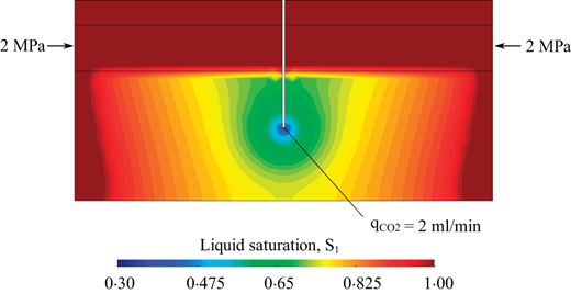 A numerical simulation shows liquid saturation around a central C O 2 injection point under symmetric boundary pressures.