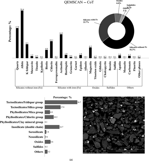 Q E M S C A N analysis of C o T presents mineral percentages, grouped compositions, a summary chart, and a particle micrograph.