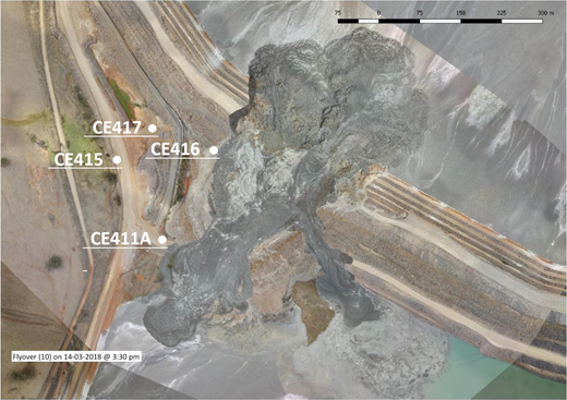 Aerial view of a landscape with multiple markers labelled C E 411 A, C E 415, C E 416, and C E 417, showcasing a mix of terrain and sediment formations.