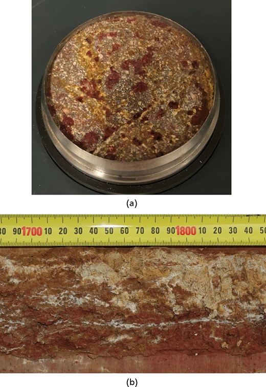 Image shows a circular petri dish filled with colorful material and a close-up of layered texture in rock with a measuring tape above it.