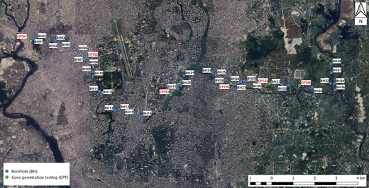 A satellite map displays various borehole and cone penetration testing locations marked by labels. The map illustrates the geographic layout within a city, highlighting test sites connected by a central route.