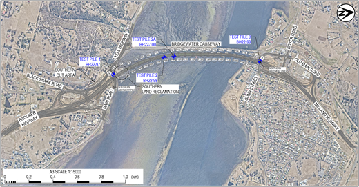 A site map showing Bridgewater Causeway with test pile locations, roads, and surrounding residential and shoreline areas.
