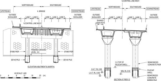 A structural drawing showing bridge elevation and pier section with lanes, shoulders, pilecaps, and reinforced concrete piers.