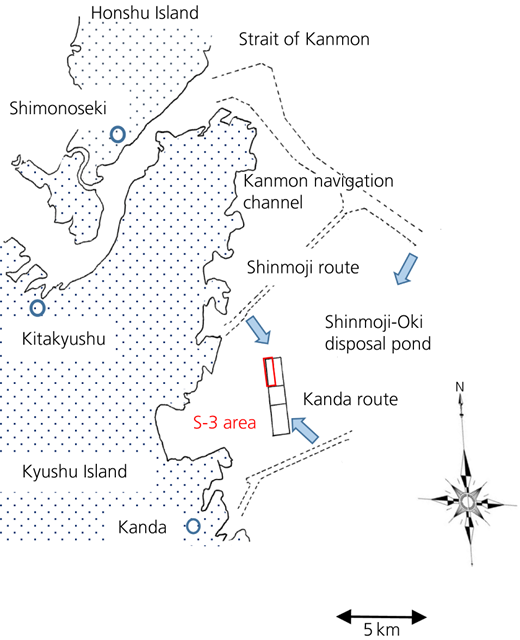 Location of the Shinmoji-Oki disposal pond Refer to the image caption for details.