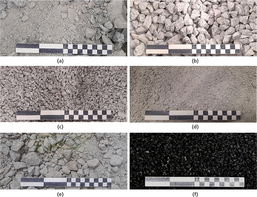 Six panels show gravel and soil materials with different particle sizes from coarse stones to fine powder; each displayed with measuring scale for reference.