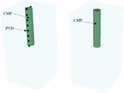 Two diagrams show a cylindrical C M P with P V D elements attached along its length and a single C M P without P V D.