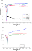 Two line graphs compare transmittance spectra of fresh and submerged jute filters across durations from 1 to 24 months.
