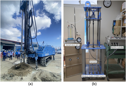 Two photos present a large soil drilling machine at a construction site and a miniature D M M machine with laboratory testing equipment.