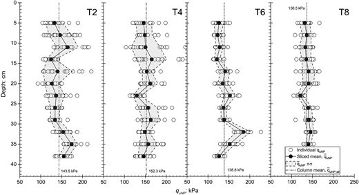 Four-panel plots compare individual q u N P measurements, sliced means, standard deviations, and column means across depth for T 2, T 4, T 6, and T 8.