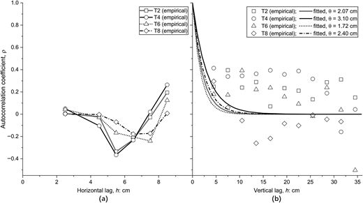 Two-line graphs compare empirical autocorrelation coefficients for T 2, T 4, T 6, and T 8 against horizontal and vertical lag distances.