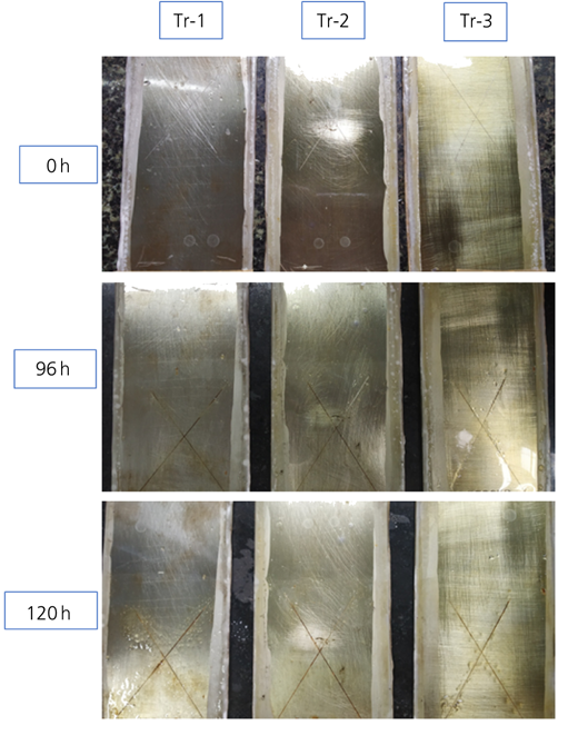 Corrosion-resistance-tested panels of the three different trials after 96 and 120 h Refer to the image caption for details.