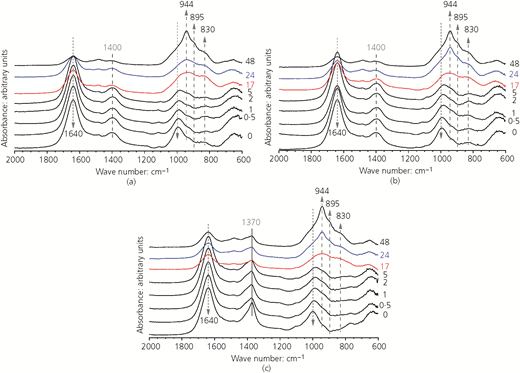 ATR-FTIR spectra collected as a function of reaction time for (a) AAS paste (reference), (b) AAS paste with 5% CLDH and (c) AAS paste with 5% HT Refer to the image caption for details.