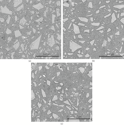 BSE images of AAS pastes cured for 90 d: (a) reference; (b) with 5% CLDH; (c) with 5% HT Refer to the image caption for details.