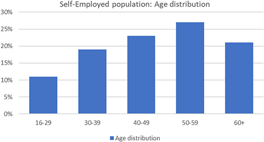 A vertical bar chart shows the self-employed population age distribution from 16 to 60 plus.